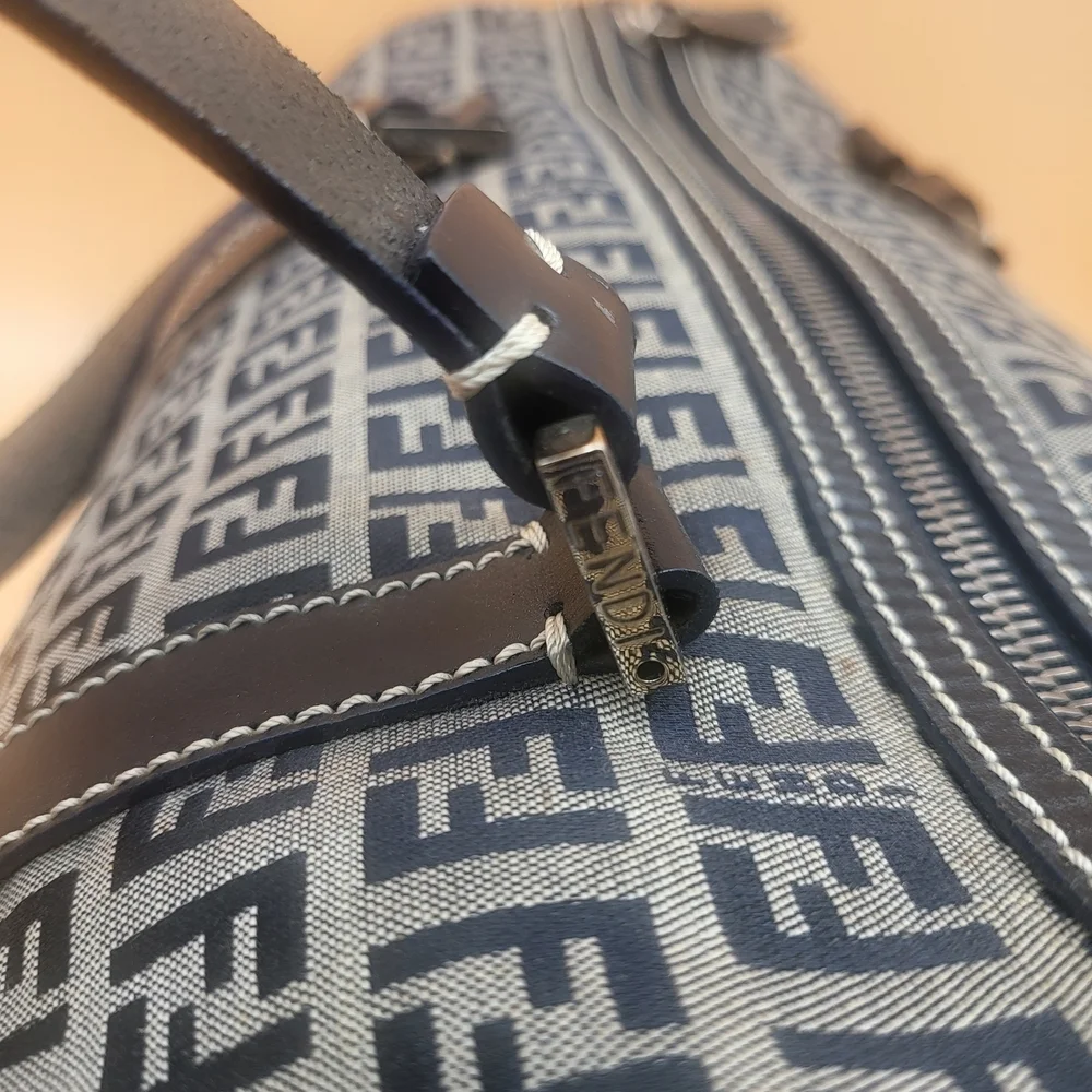 FENDI Zucchino FF Canvas Leather Boston 30 HandBag Navy..Authentic...W/COA.